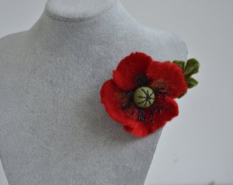 Felt red flower poppy brooch or set brooch and earings , poppy pin, gift for woman