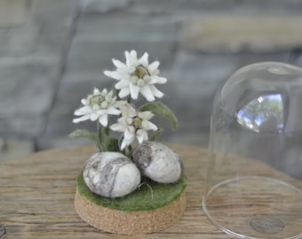May include: A small arrangement of white felt edelweiss flowers with green felt leaves, displayed on a cork base with two grey felt rocks, under a glass dome.