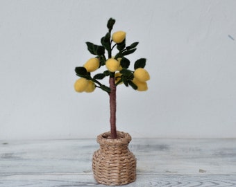 Small handmade felt Lemon tree in paper pot for home decor 25cm (10in), Fruit art tree for shelf, table or desk decoration