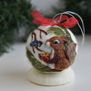 Felt Christmas ball hand painted squirrel ornament, winter forest picture, Christmas tree toy decoration, personalized Christmas gift