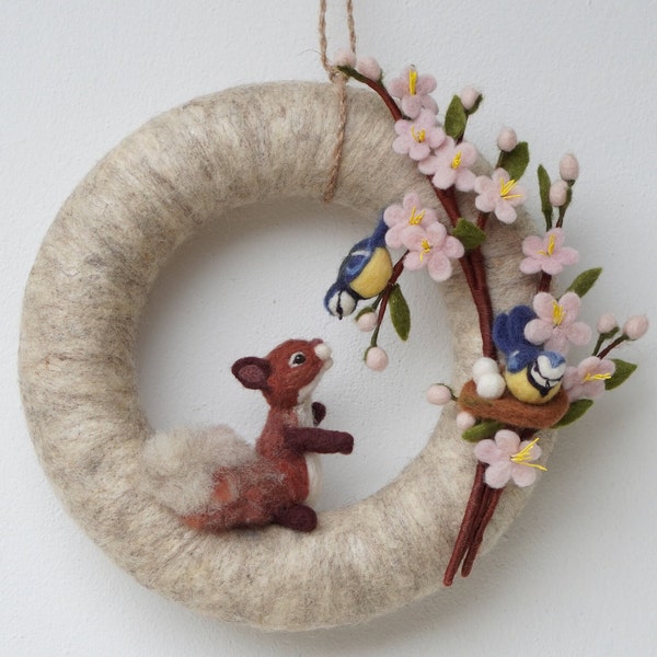 Spring Easter wreath needle felt squirrel, Blossoming spring tree ornament, blue tit nest, Easter wall hanging decor, Easter decoration