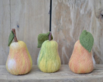 Needle felt pear different collors with leaf in life size, wool fruits for plate