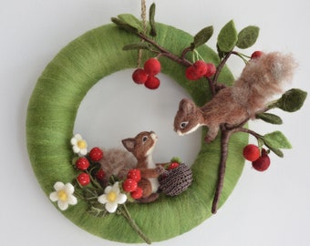 Handmade summer wreath with squirrels,  Cherry and Strawberry ornament, cute two or three squirrels family , wall or door hanging decoration