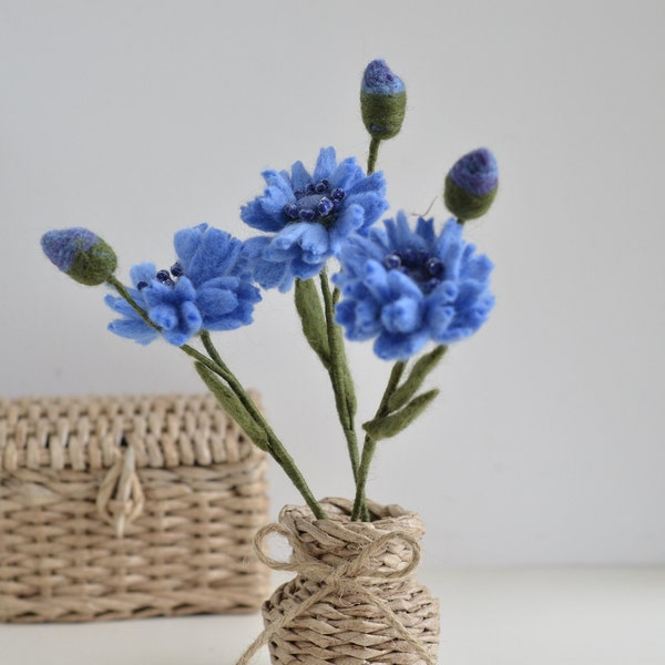 One, two or three needle felt cornflower long stem for decorative bouquet, artificial cornflower decoration
