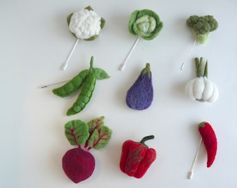 One or set vegetables brooch, needle felted handmade vegetables pin, vegetables event ornament,