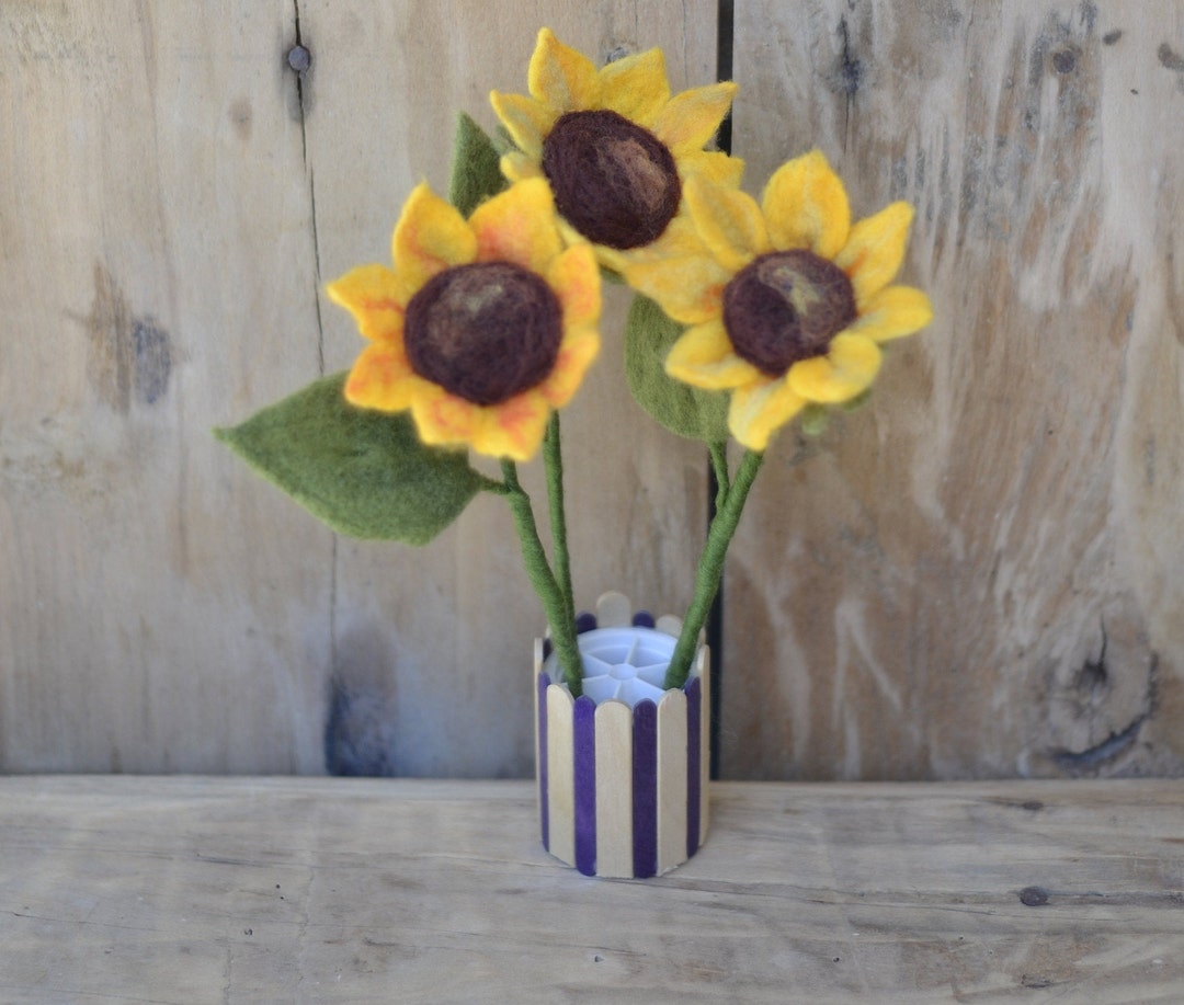 Bouquet Three Felt Sunflower Stalk Bright Yellow and Orange Etsy