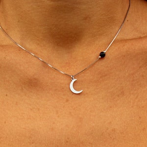 Dainty Necklace for Women, Moon Necklace,Crescent moon necklace, Sterling Silver necklace for Women, Silver necklace, onyx necklace,tusk