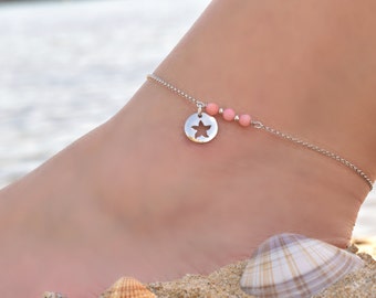 Starfish Anklet, Sterling Silver Anklets for Women, Sterling Silver Ankle Bracelet for Women, Animal Anklet, Anklet with Beads, Body Jewelry