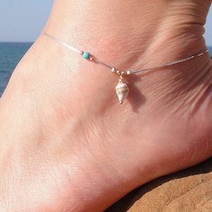 Boho Knöchel Armband, Fußkettchen für Frauen, Shell Fußkettchen, Sterling Silber Fußkettchen, zierliche Knöchel Kette, Türkis Fußkettchen Perlen, Boho Schmuck