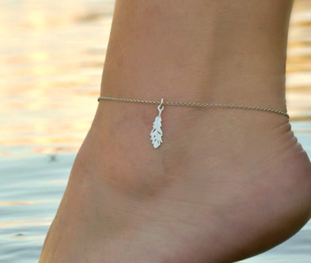 Simple Feather Anklet, Sterling Silver Anklets for Women, Boho Ankle
