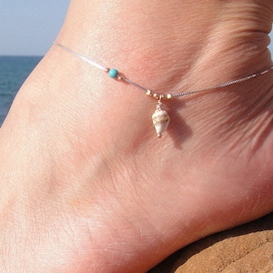 Tornozeleira de concha, tornozeleira turquesa para mulheres, pulseira de tornozelo Boho, tornozeleira de prata esterlina, corrente delicada de tornozelo, contas de tornozeleira, joias Boho