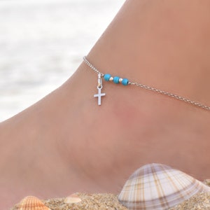 Silver Cross Anklet, Sterling Silver Anklets for Women, Sterling Silver Ankle Bracelet for Women, Anklet Blue Beads, Cross Jewelry