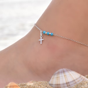 Silver Cross Anklet, Cross Ankle Bracelet for Women, Sterling Silver Anklets for Women, Anklet with Cross Charm, Anklet with Blue Beads