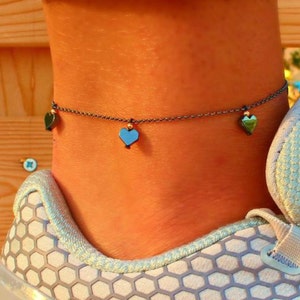 Heart Anklet, Anklets for Women, Black Heart Ankle Bracelet, Stone Heart Anklet, Sterling Silver Ankle Bracelet for Women, Heart Jewelry