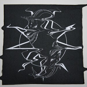 May include: A black and white embroidered patch featuring a distorted image of a wolf with horns and a pentagram.