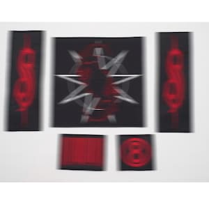 May include: A collection of black bandanas and patches with red and white graphic designs. The designs include a dollar sign, a starburst, and the number eight. The items are arranged on a white background.
