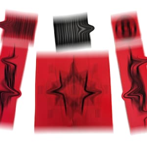 May include: Three red and black abstract designs with a wavy, distorted pattern. The designs are arranged in a vertical line.