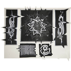 May include: Set of six black and white embroidered patches. The patches feature geometric designs, abstract shapes, and a barcode.