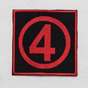 May include: Red embroidered patch with a black background featuring a red circle with the number "4" inside.