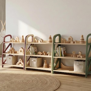 Wooden Montessori shelf for toy storage in kids play corner, nursery furniture with multiple colors, open toy shelf for books and wooden toys.