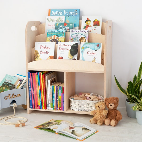 Montessori Bookshelf for Children, Wooden Bookshelf for Kids Toys, Modern Bookcase for Kids Room, Toddler Library, Nursery Book Displays