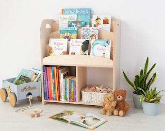 Montessori Bookshelf for Children, Wooden Bookshelf for Kids Toys, Modern Bookcase for Kids Room, Toddler Library, Nursery Book Displays