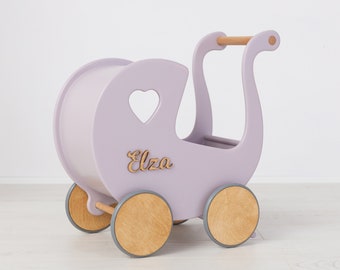 Puppenwagen im Retro-Stil, Holz Kinderwagen Spielzeug, Personalisierter Lauflernwagen, Montessori Spielzeug, 1 Jahr altes Mädchen Geschenk