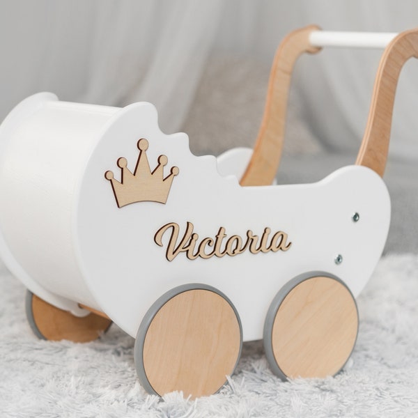 Öko-Holzspielzeug für Kleinkinder, Individueller Puppen-Kinderwagen, Weißer Kinderwagen für Puppen, Retro-Stil Kinderwagen, Baby Girl Pusher