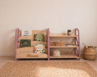 Montessori Bookshelf & Toy Shelf Set, Personalized Kids Furniture, Color Options