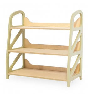 Montessori toy storage shelf in Vanilla Cream, wooden kids storage furniture with three open levels, perfect for a kids play corner, reading nook, or nursery room.