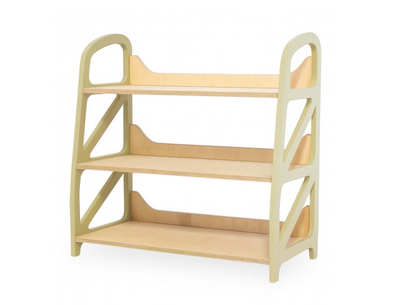 Montessori toy storage shelf in Vanilla Cream, wooden kids storage furniture with three open levels, perfect for a kids play corner, reading nook, or nursery room.
