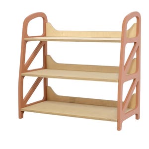 Montessori toy storage shelf in Dusty Salmon, wooden kids shelf with three open levels for toy storage, kids play corner and reading nook furniture.