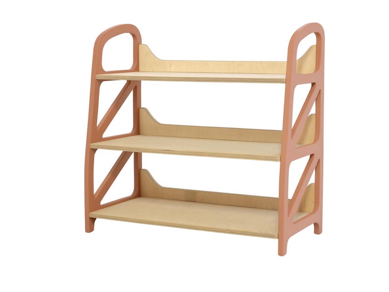 Montessori toy storage shelf in Dusty Salmon, wooden kids shelf with three open levels for toy storage, kids play corner and reading nook furniture.