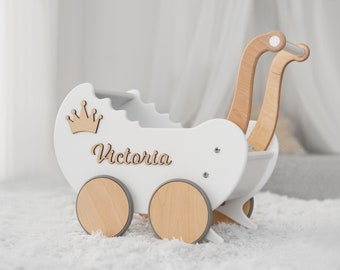 Wooden Doll Stroller: Eco-friendly White Pram, Retro Style
