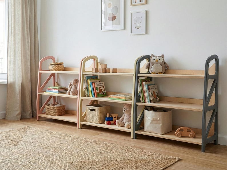 Three Montessori toy storage shelves in Dusty Blush, Vanilla Cream and Slate Gray used as kids bookshelf, nursery furniture and playroom decor along a bright kids room wall.