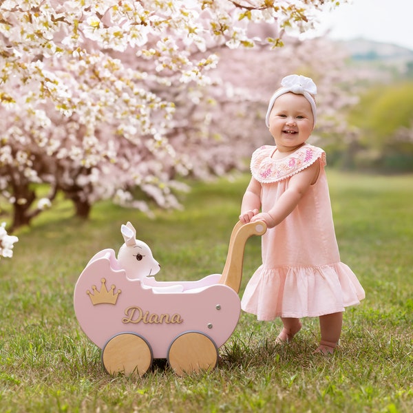 Baby Doll Stroller, Wooden Baby Walker, Personalised Pink Wooden Dolls Pram, Toddler Walker, Baby Doll Carriage - Toys for 1 Year Old Girl