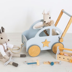 Peuter Walker voor jongens en meisjes, Montessori Car Pusher, Houten Walker, Push en Pull Leren, Gepersonaliseerde Speelgoed Box, Pasgeboren Foto Props