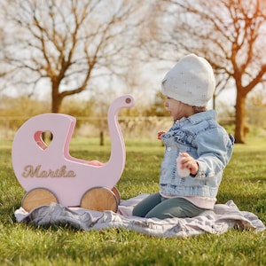 Handgemaakte Houten Poppenwagen met verstelbaar handvat, Premium Baby Speelgoed, Poppenwagen & Beddengoed, Peuterloper om te leren lopen