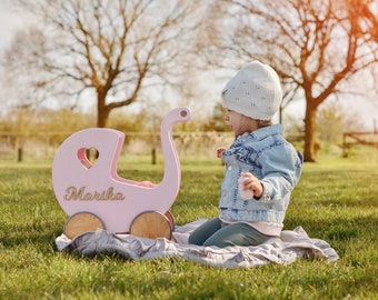 Handgefertigter Puppenwagen aus Holz mit verstellbarem Griff, Premium Babyspielzeug, Puppenwagen & Bettzeug, Lauflernwagen für Kleinkinder