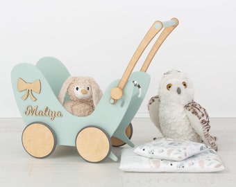 Personalized Push & Pull Toy is the Best Birthday Gift for Toddlers, Doll Stroller + Name for 1 year old Baby Girl or Boy, Wooden Pushchair