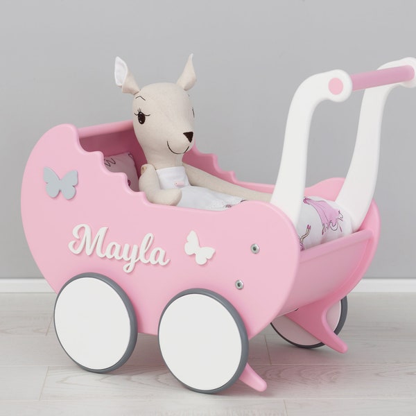 Doll's Stroller with Name & Bedding, Personalized Birthday Gift for Toddlers, Toy for 1-3 Years Old Children, Wooden Pink Baby Girl Walker