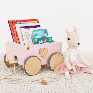 Kids Toy Box with Wheels, Wooden Baby Wagon, Pull Toy for Girl, Personalized Pull Cart for Baby Girl, Montessori Toy Organizer for Nursery
