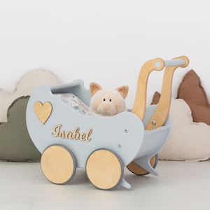 Push Along Baby Girl Walker, Wooden Stroller Toy, Doll Carriage & Bedding, Montessori Push Cart, Personalized Birthday Gift for Toddlers