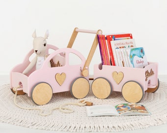 Push & Pull Toy | Toddler Walker | Pink Push Car for Girl | Baby Girl Toy | 1st Birthday Gift | Wooden Car with Trailer | Montessori Vehicle