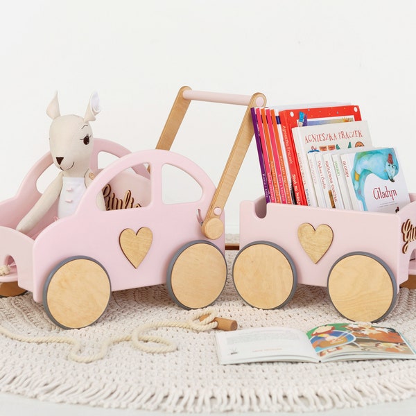 Kleinkind-Walker-Spielzeug | Rosa Schiebeauto für Mädchen | Baby-Mädchen-Spielzeug | 1. Geburtstag Geschenk | Holzauto-Spielzeug