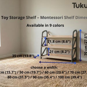 Kids toy storage shelf with Montessori design shown with full dimensions, including height, depth and adjustable width options. Wooden toy shelf for nursery, kids play corner and reading nook.