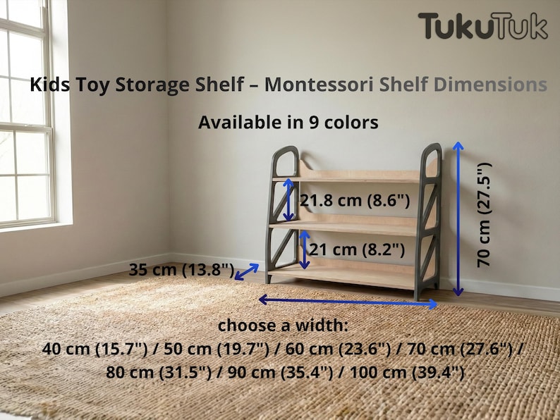 Kids toy storage shelf with Montessori design shown with full dimensions, including height, depth and adjustable width options. Wooden toy shelf for nursery, kids play corner and reading nook.
