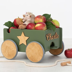 Wooden Box with Wheels, Pull Toy For Toddlers, Nursery Toy Organizer, Custom Trolley for Baby, Personalized Trailer, First Birthday Boy