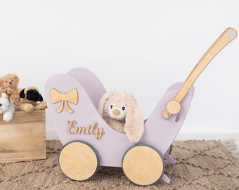 Schiebewandler, Holz-Schiebespielzeug, Erstes Geburtstagsgeschenk für Mädchen, Puppenwagen mit Namen und Bettwäsche, Kinderwagen Spielzeug