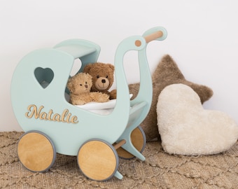 Toddler Walker, Baby Photo Prop, Doll Carriage in Mint, Custom Stroller Toy, Push Toys, Wooden Doll Pram, 1st Birthday Gift, Doll Buggy